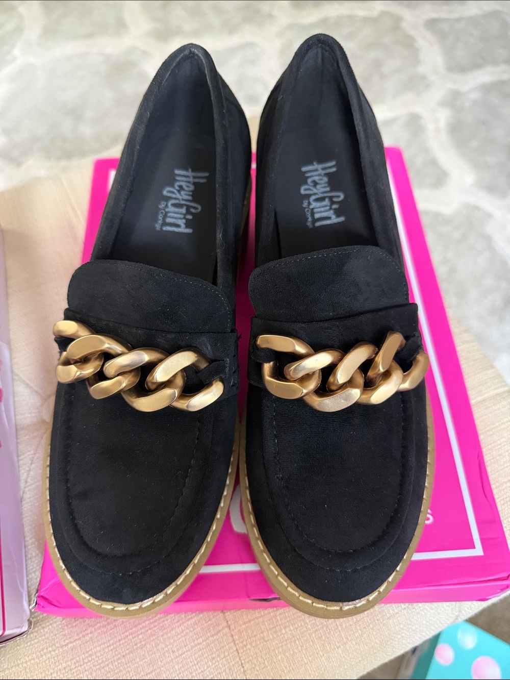 Hey Girl , size 8 , Black Suede Loafers with Gold Chain Accent. Never worn
